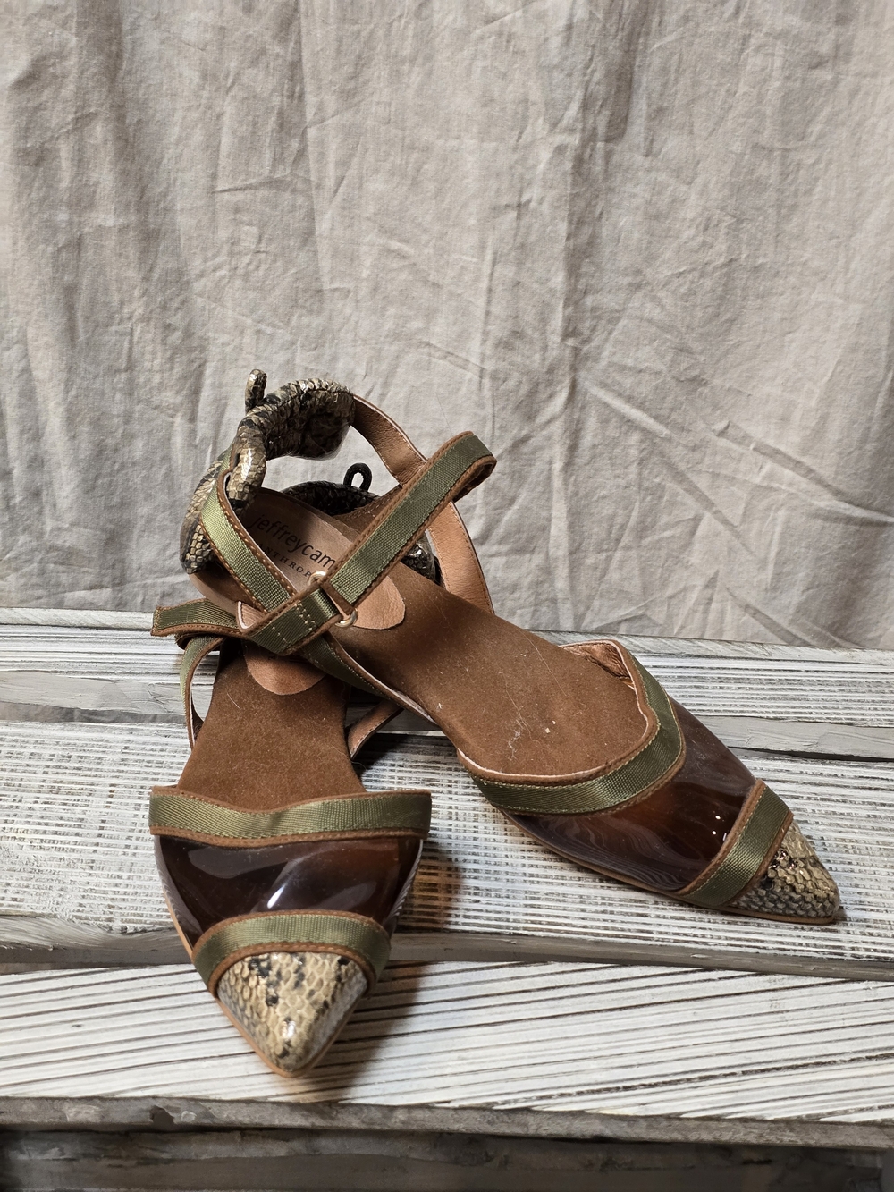 Jeffrey Campbell EnrichOlive Green and Brown Snake Print Pointed-Toe Flats